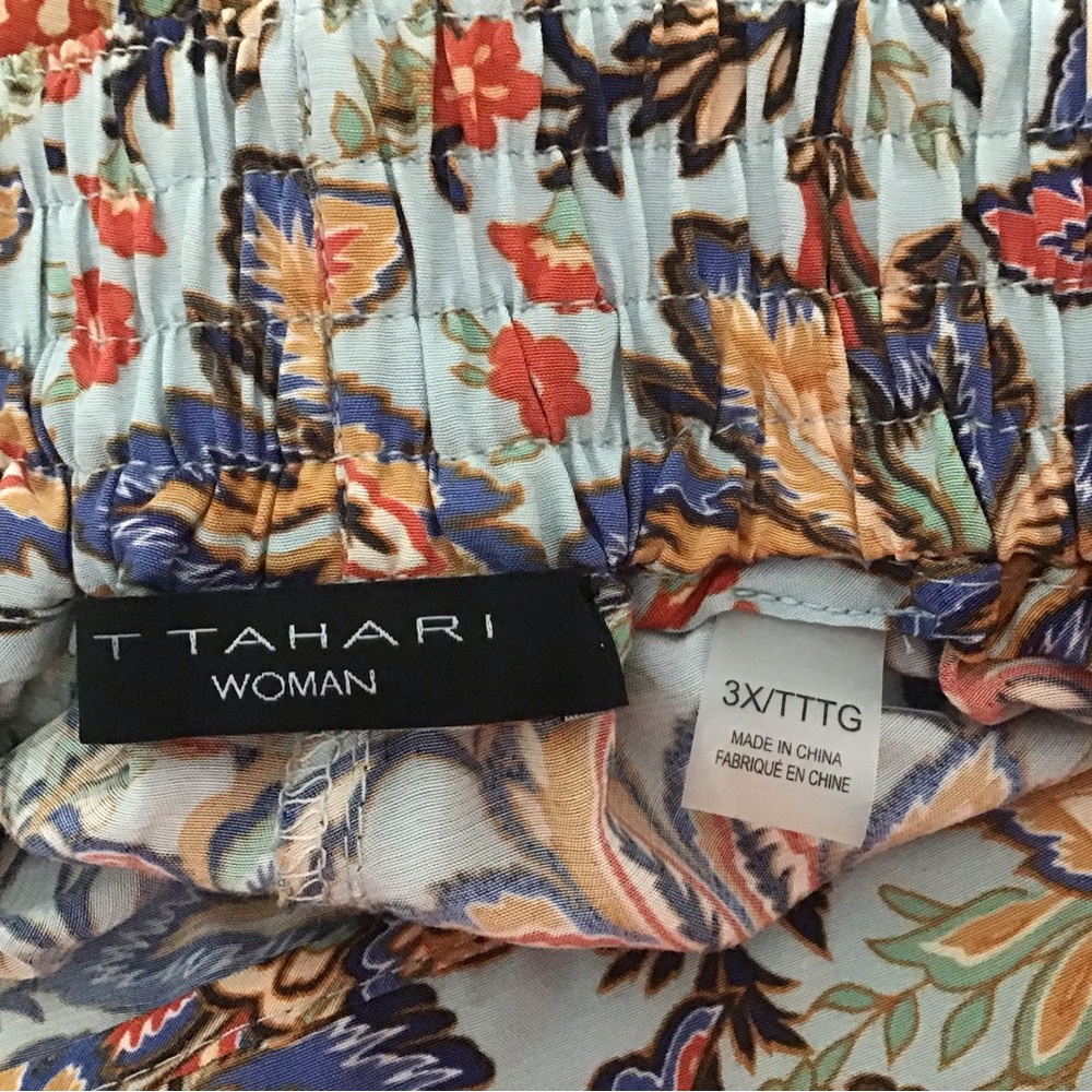 TAHARI Wide Leg Blue Paisley Flower Print Palazzo Pants Cropped Pull On Size 3X - Picture 4 of 5